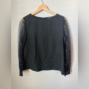SHEIN Black Blouse with Sheer Pearl Sleeves